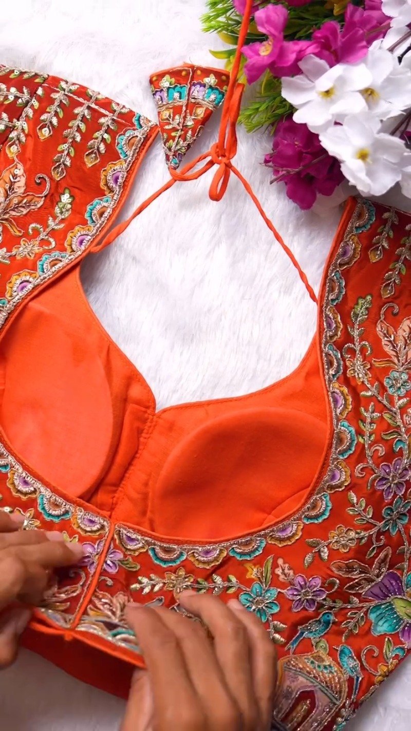 Ornate Zardosi & Bird Motif Embellished Designer Blouse – Exclusive Orange Artisan Collection - Image 6
