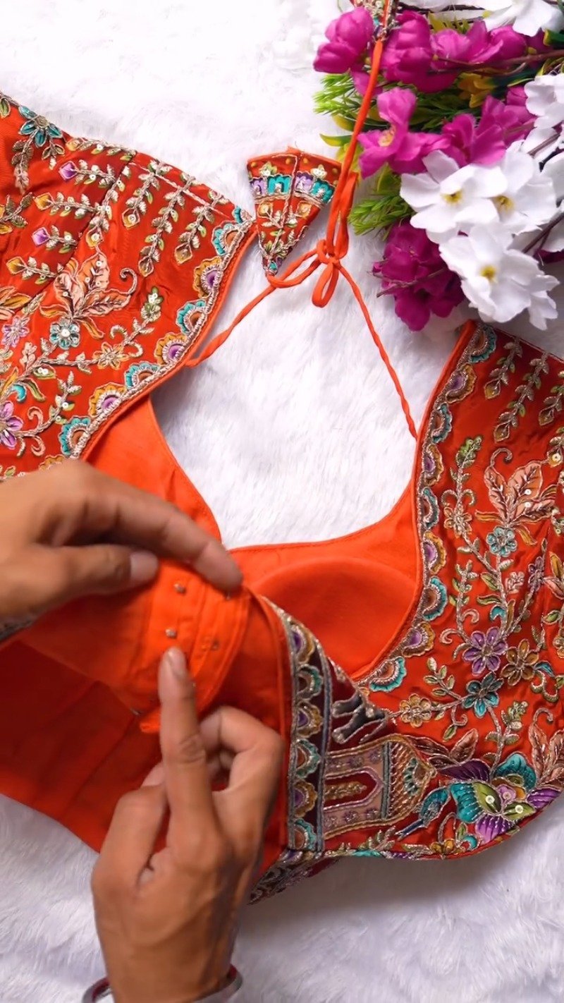 Ornate Zardosi & Bird Motif Embellished Designer Blouse – Exclusive Orange Artisan Collection - Image 7