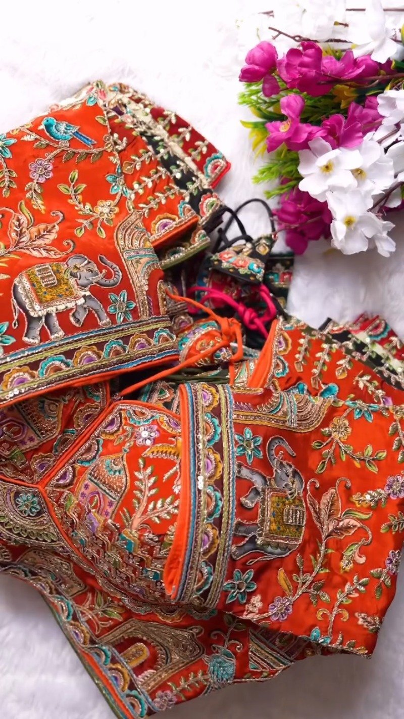Ornate Zardosi & Bird Motif Embellished Designer Blouse – Exclusive Orange Artisan Collection - Image 8