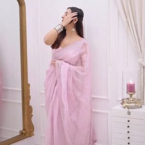 Ethereal Pastel Pink Sheer Organza Saree with Delicate Silver Threadwork