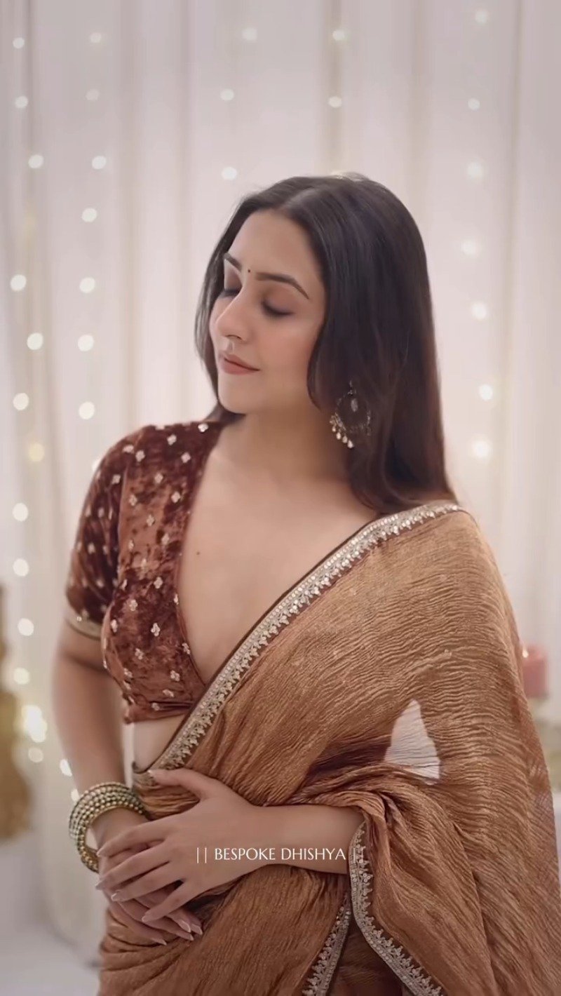Metallic Copper Shimmer Saree with Velvet Embellished Blouse - Image 3