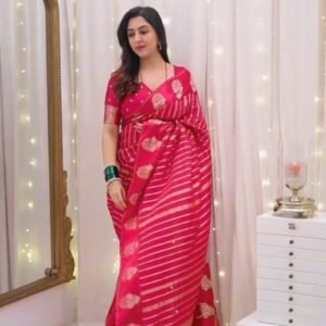 Radiant Crimson Zari-Striped Organza Saree with Embroidered Blouse