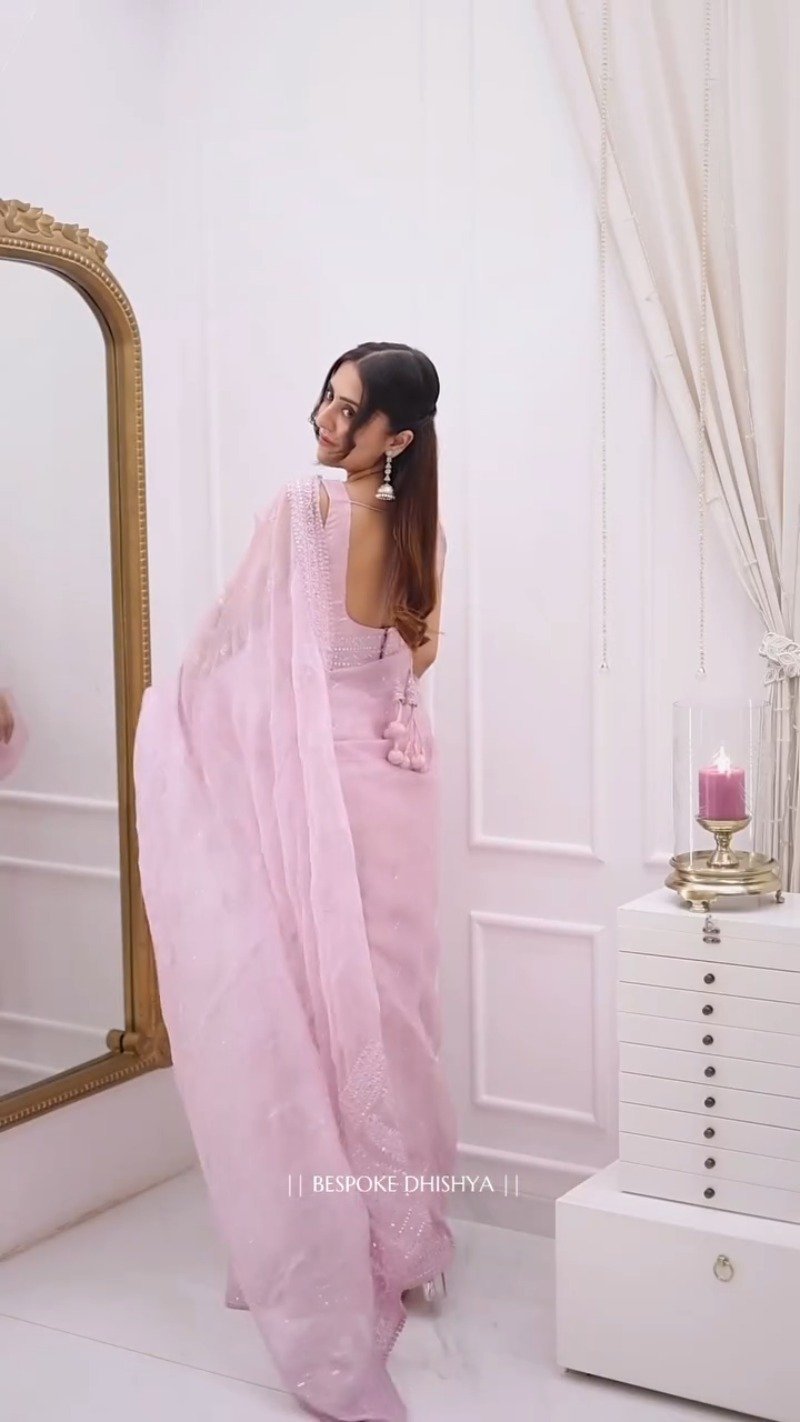 Ethereal Pastel Pink Organza Embellished Saree with Scalloped Border - Image 4