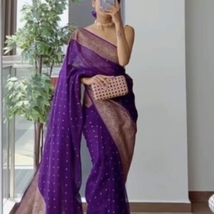 Royal Purple Banarasi Silk Saree with Antique Gold Border – Available in a Single Colourway