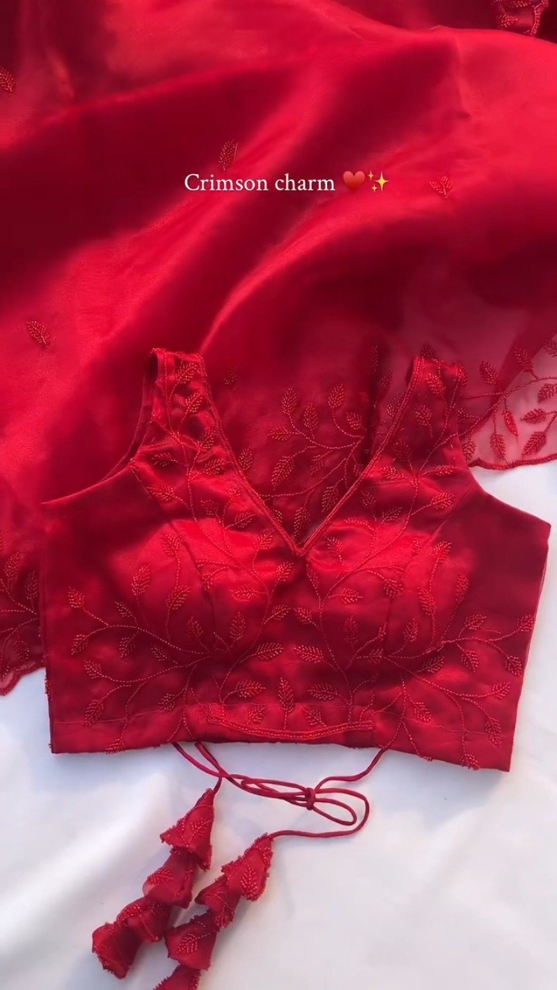 Crimson Charm V-Neck Embroidered Saree Ensemble