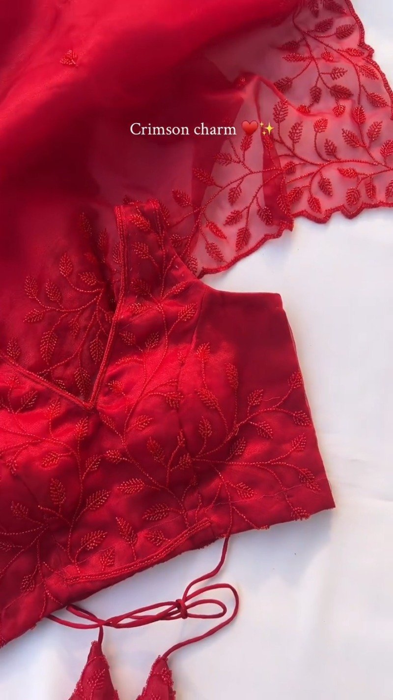 Crimson Charm V-Neck Embroidered Saree Ensemble - Image 2
