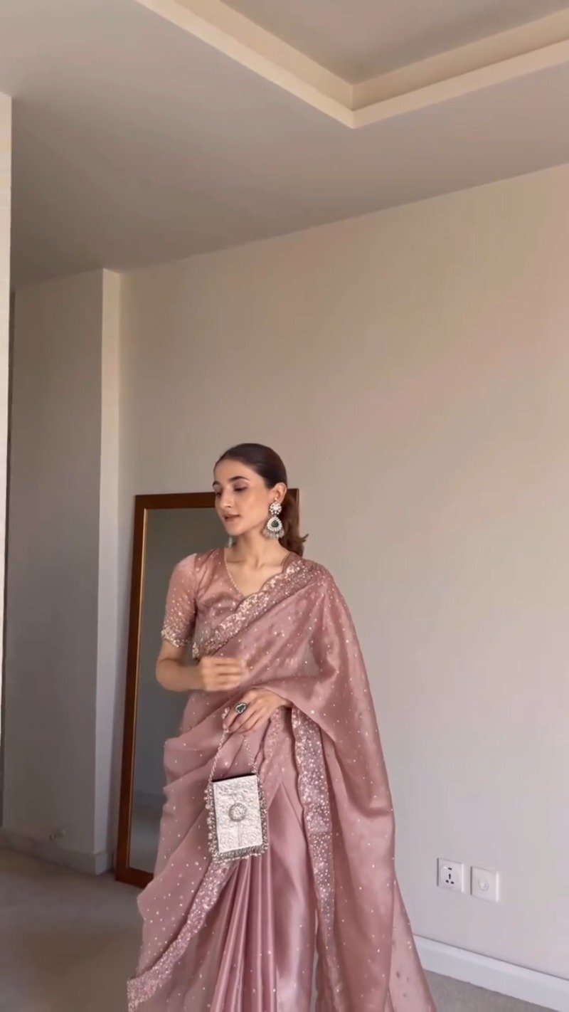Enchanting Dusty Rose Embellished Organza Saree - Image 2
