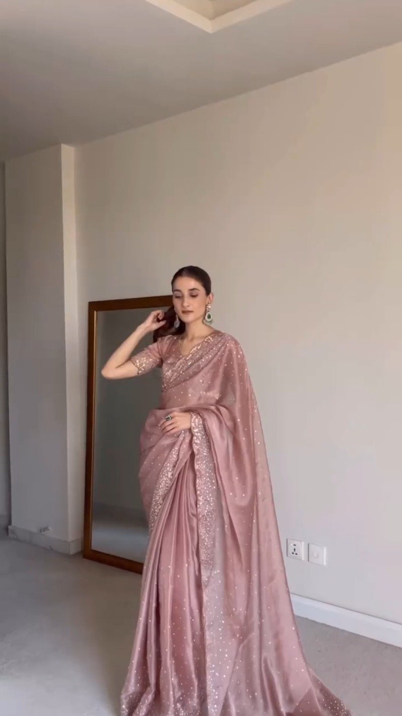 Enchanting Dusty Rose Embellished Organza Saree - Image 3