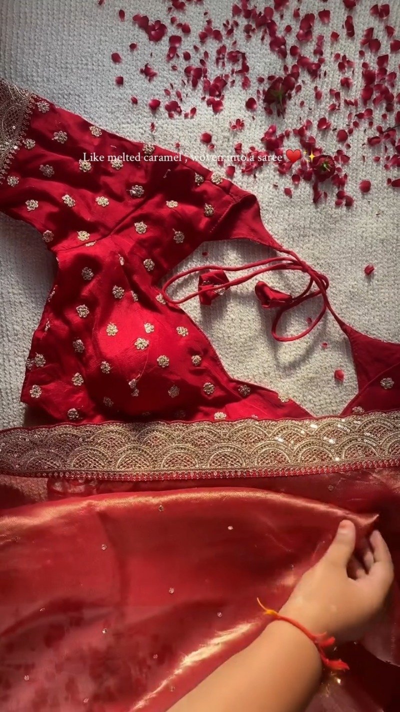 Radiant Crimson Silk Embellished Saree – A Masterpiece of Festive Elegance - Image 4