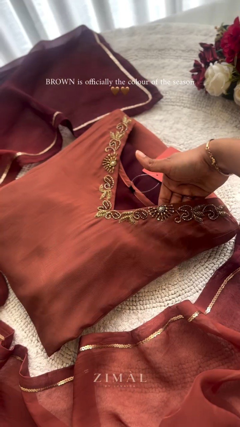 Zimal Rust-Brown Embroidered Kurta Set with Embellished Dupatta - Image 2