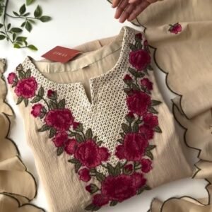 Beige Floral Embroidered Crochet Kurta Set with Scalloped Dupatta