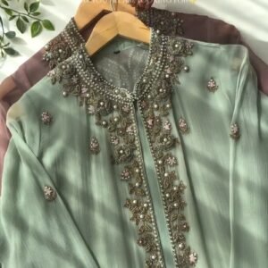 Ethereal Chiffon Hand-Embroidered Jacket Suit – Available in Sage Green & Dusty Mauve