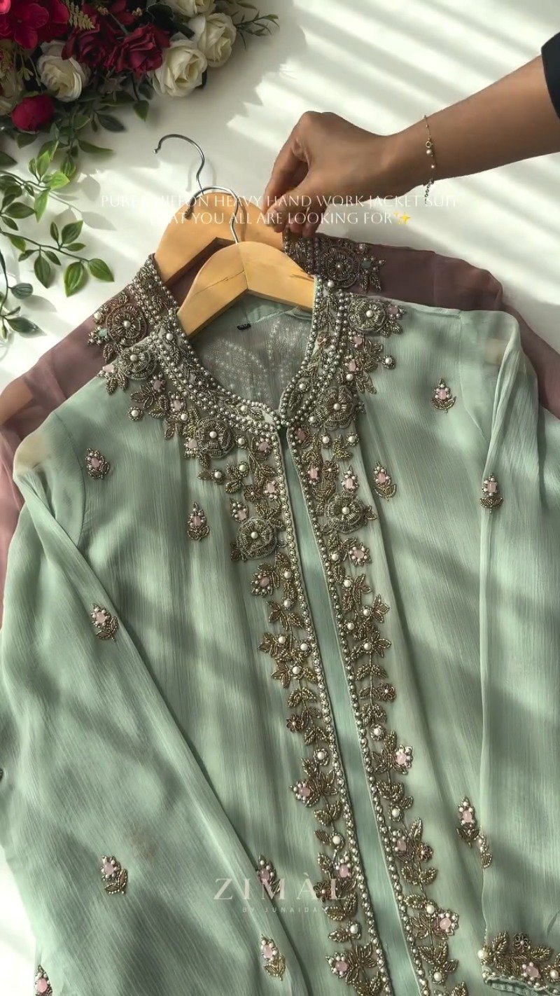 Ethereal Chiffon Hand-Embroidered Jacket Suit – Available in Sage Green & Dusty Mauve