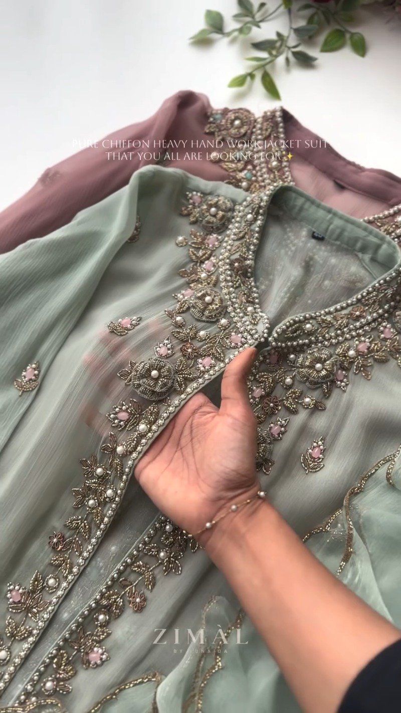Ethereal Chiffon Hand-Embroidered Jacket Suit – Available in Sage Green & Dusty Mauve - Image 2