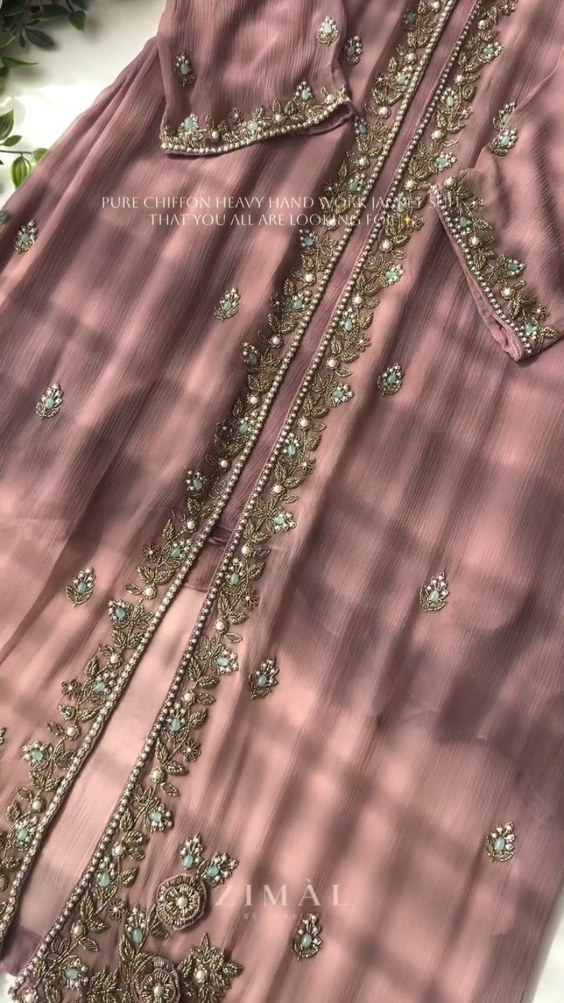 Ethereal Chiffon Hand-Embroidered Jacket Suit – Available in Sage Green & Dusty Mauve - Image 3