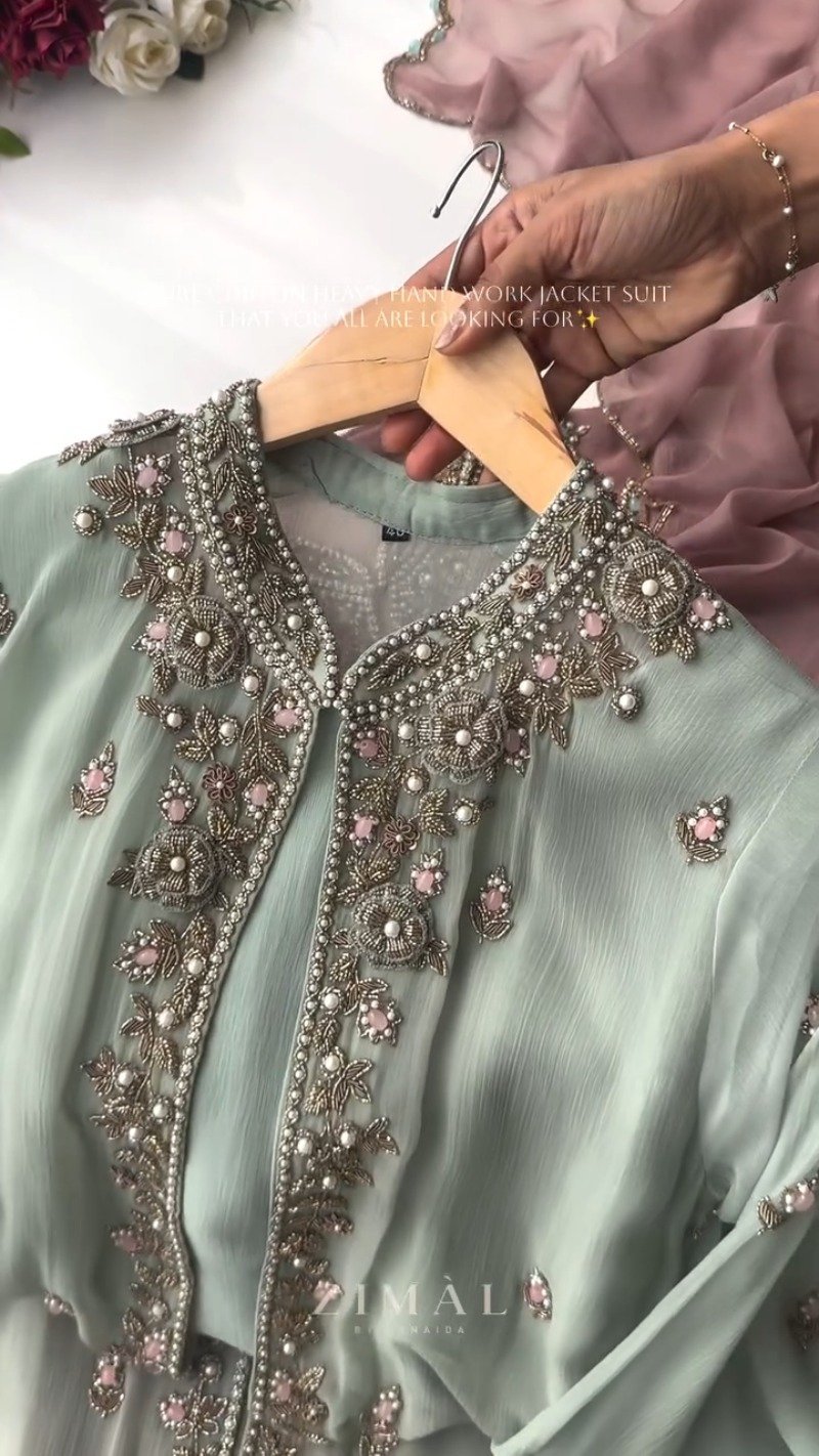 Ethereal Chiffon Hand-Embroidered Jacket Suit – Available in Sage Green & Dusty Mauve - Image 4
