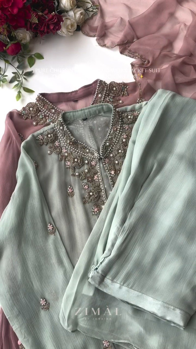 Ethereal Chiffon Hand-Embroidered Jacket Suit – Available in Sage Green & Dusty Mauve - Image 5