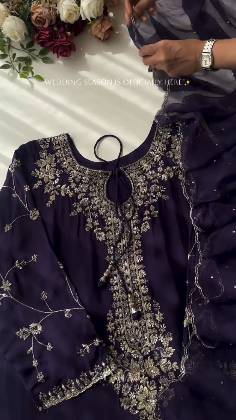 Midnight & Berry Hand-Embellished Velvet Kurta Set – Available in Midnight Black & Deep Berry - Image 9