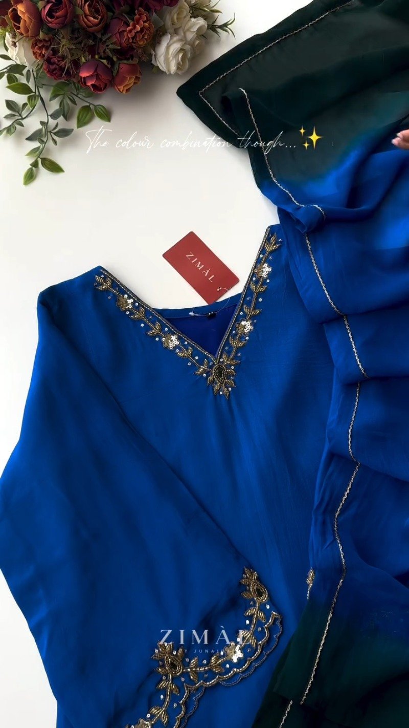 Royal Blue Embellished Kurta Ensemble with Contrast Stole – Available in Royal Blue & Forest Green - Image 3