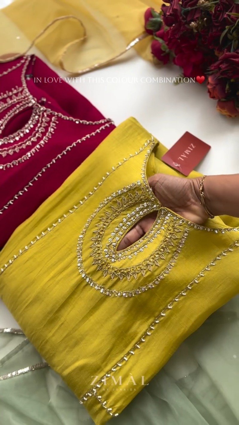Zimal Luxe Hand-Embellished Embroidered Kurta Set – Available in Vibrant Fuchsia & Sunshine Yellow