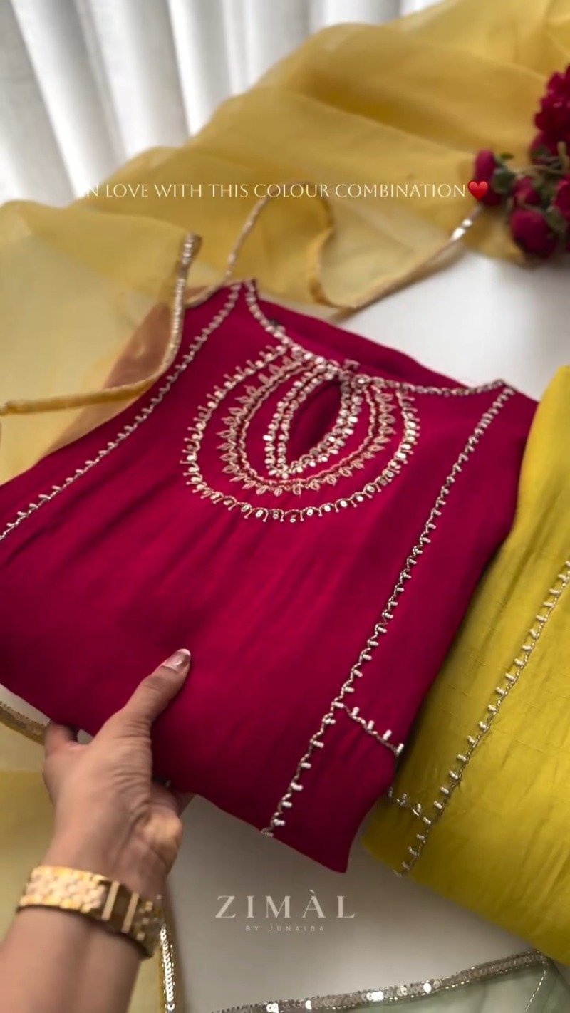 Zimal Luxe Hand-Embellished Embroidered Kurta Set – Available in Vibrant Fuchsia & Sunshine Yellow - Image 2