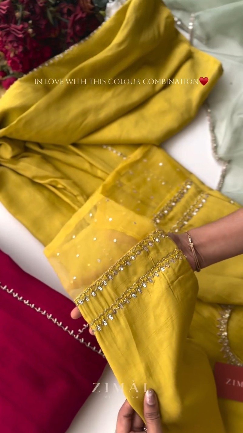 Zimal Luxe Hand-Embellished Embroidered Kurta Set – Available in Vibrant Fuchsia & Sunshine Yellow - Image 3