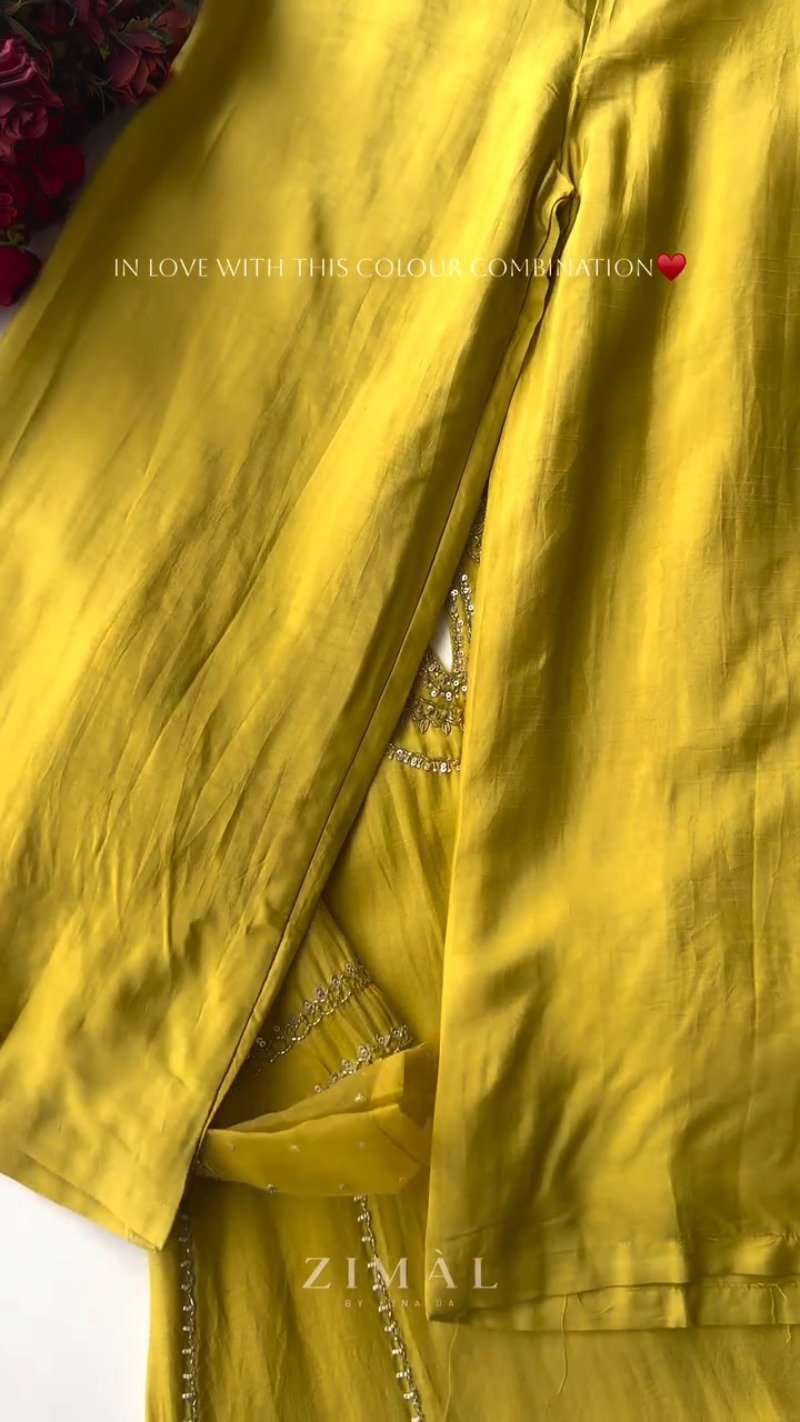 Zimal Luxe Hand-Embellished Embroidered Kurta Set – Available in Vibrant Fuchsia & Sunshine Yellow - Image 5