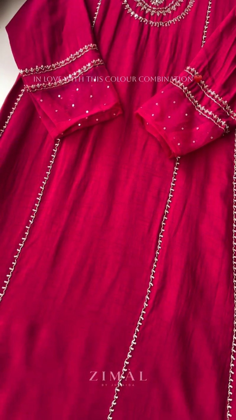 Zimal Luxe Hand-Embellished Embroidered Kurta Set – Available in Vibrant Fuchsia & Sunshine Yellow - Image 6