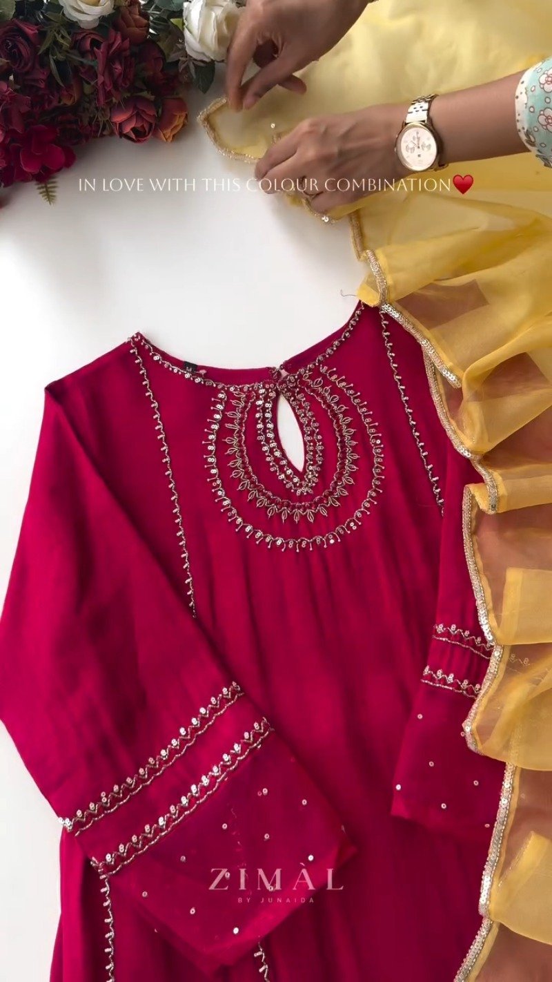 Zimal Luxe Hand-Embellished Embroidered Kurta Set – Available in Vibrant Fuchsia & Sunshine Yellow - Image 7