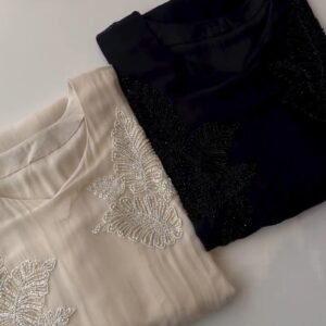Ethereal Bead-Embellished Minimalist Kurta Set – Available in Midnight Black & Champagne Ivory
