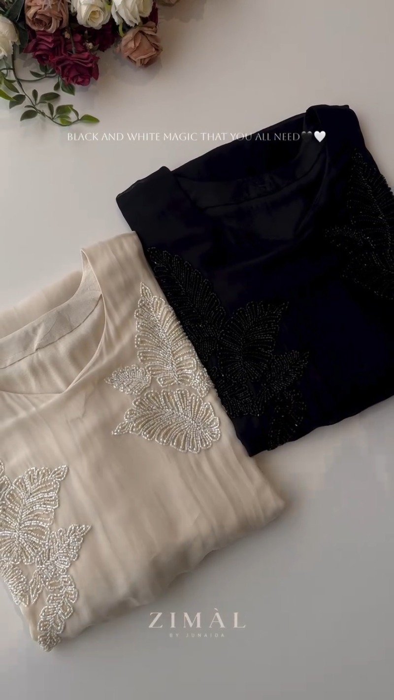 Ethereal Bead-Embellished Minimalist Kurta Set – Available in Midnight Black & Champagne Ivory