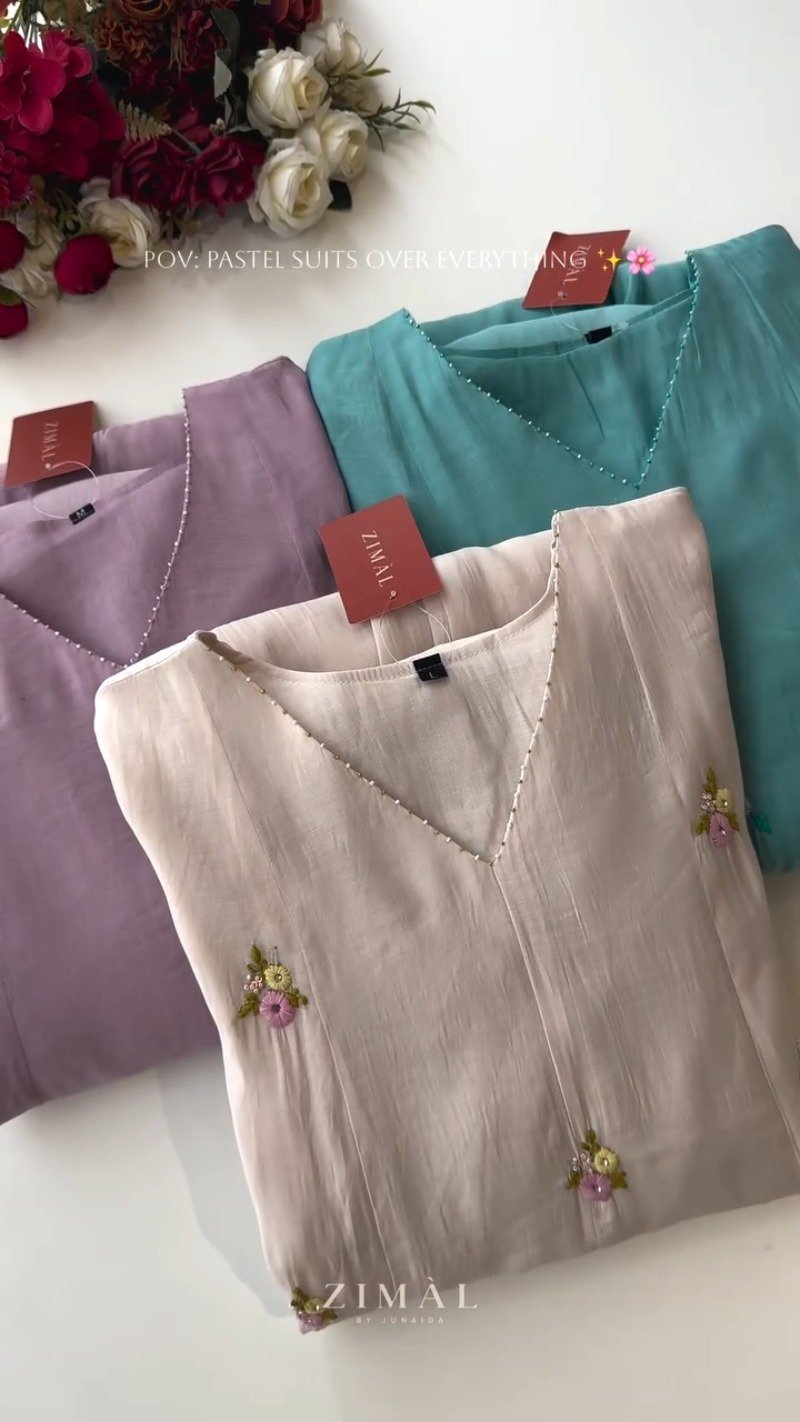 Ethereal Pastel Embroidered Kurta Set – Available in Creamy Beige, Serene Teal & Dusty Mauve - Image 2