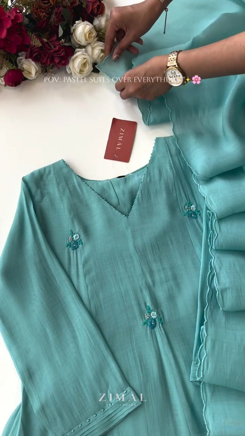 Ethereal Pastel Embroidered Kurta Set – Available in Creamy Beige, Serene Teal & Dusty Mauve - Image 5