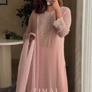 Blush Pink Embroidered Chiffon Kurta Set with Dupatta
