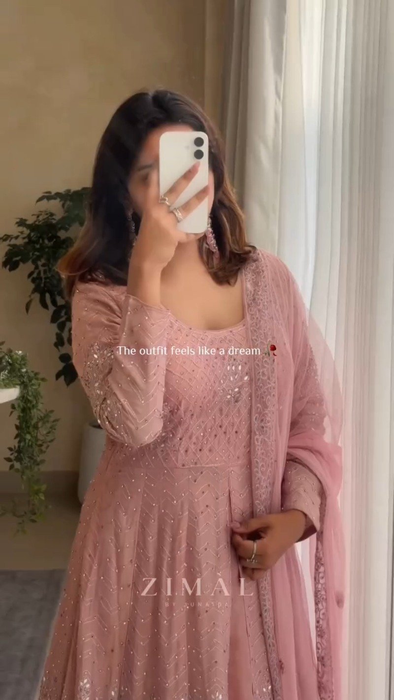 Dusty Rose Embellished Front-Slit Anarkali Set