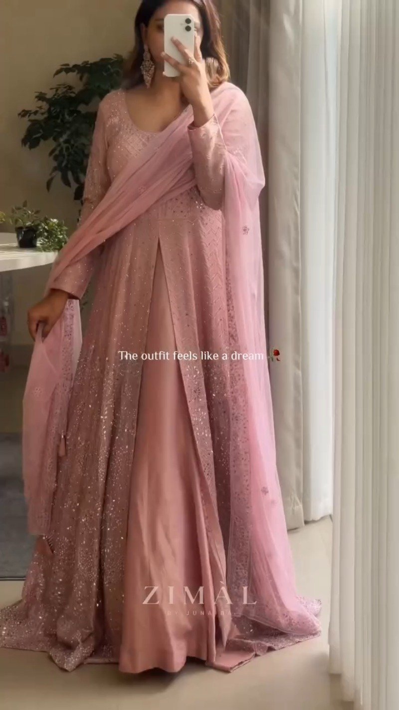 Dusty Rose Embellished Front-Slit Anarkali Set - Image 3