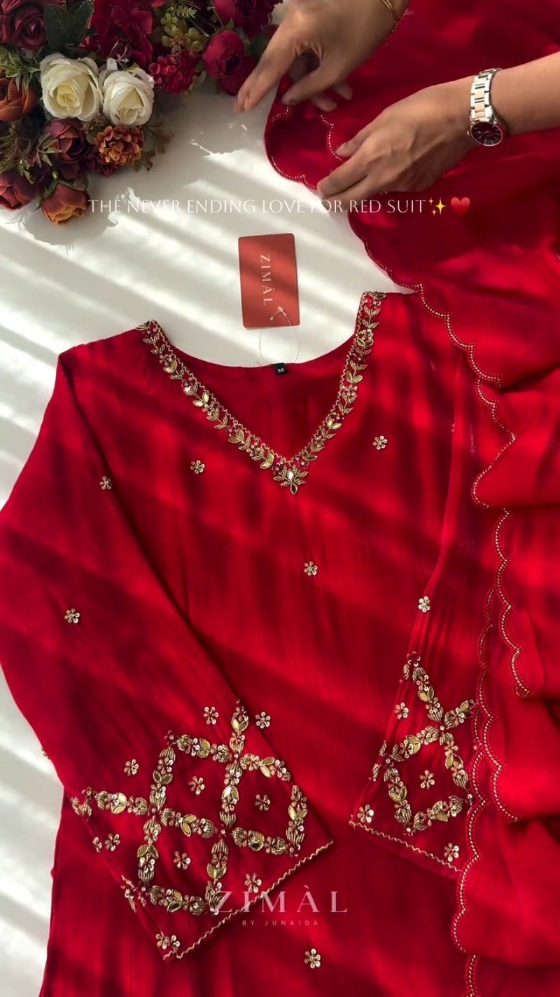 Ravishing Crimson Hand-Embellished Straight Kurta Set
