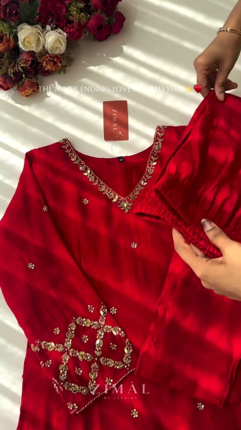 Ravishing Crimson Hand-Embellished Straight Kurta Set - Image 4