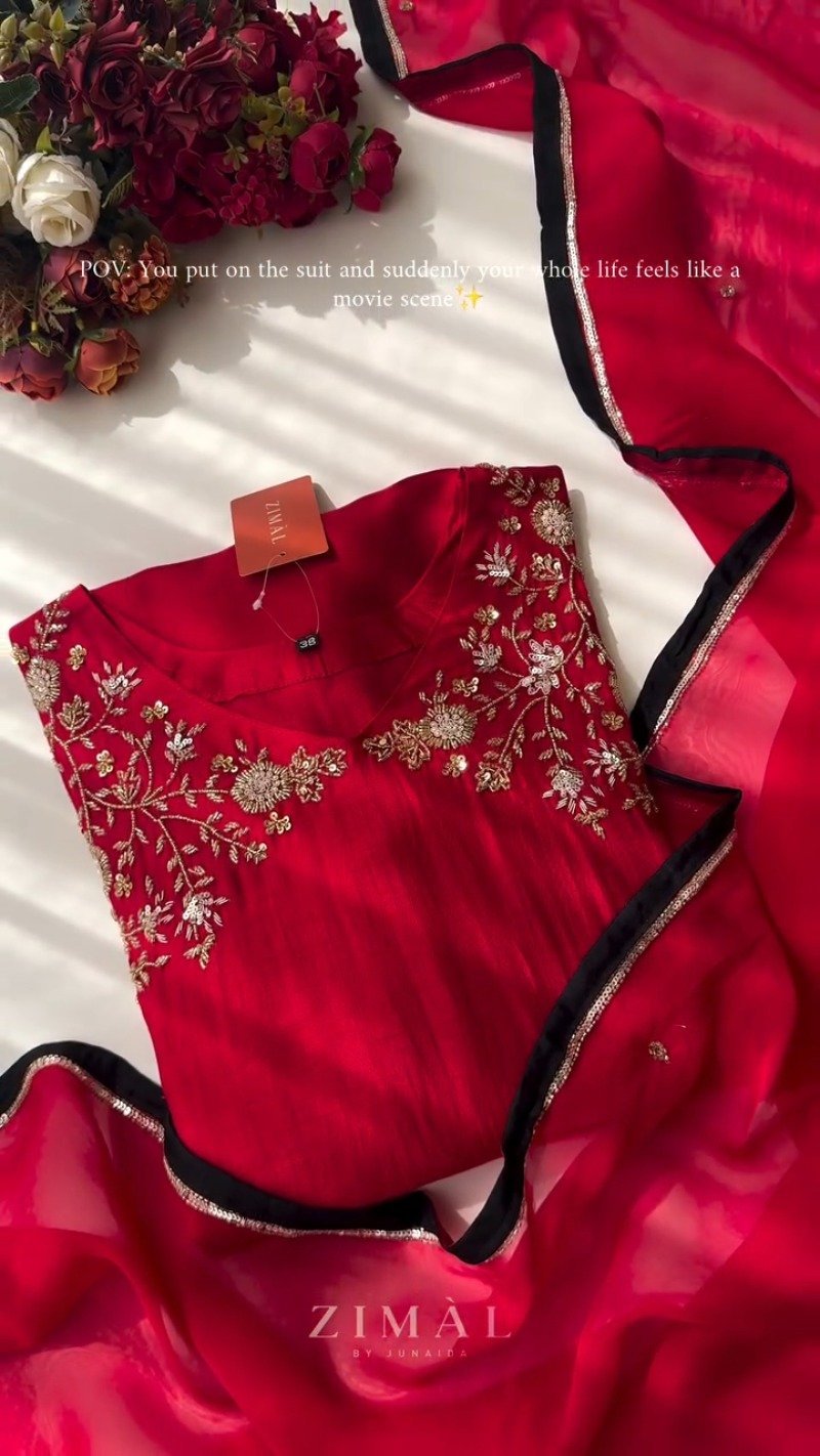 Crimson Bloom Embroidered Kurta Set with Scalloped Dupatta - Image 2