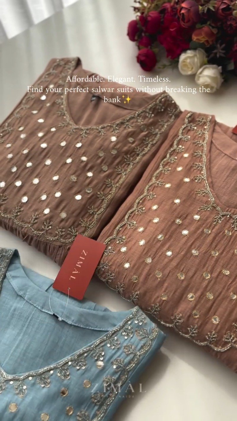 Ethereal Mirror-Work Embroidered Anarkali Kurta Set – Available in Dusty Rose & Powder Blue