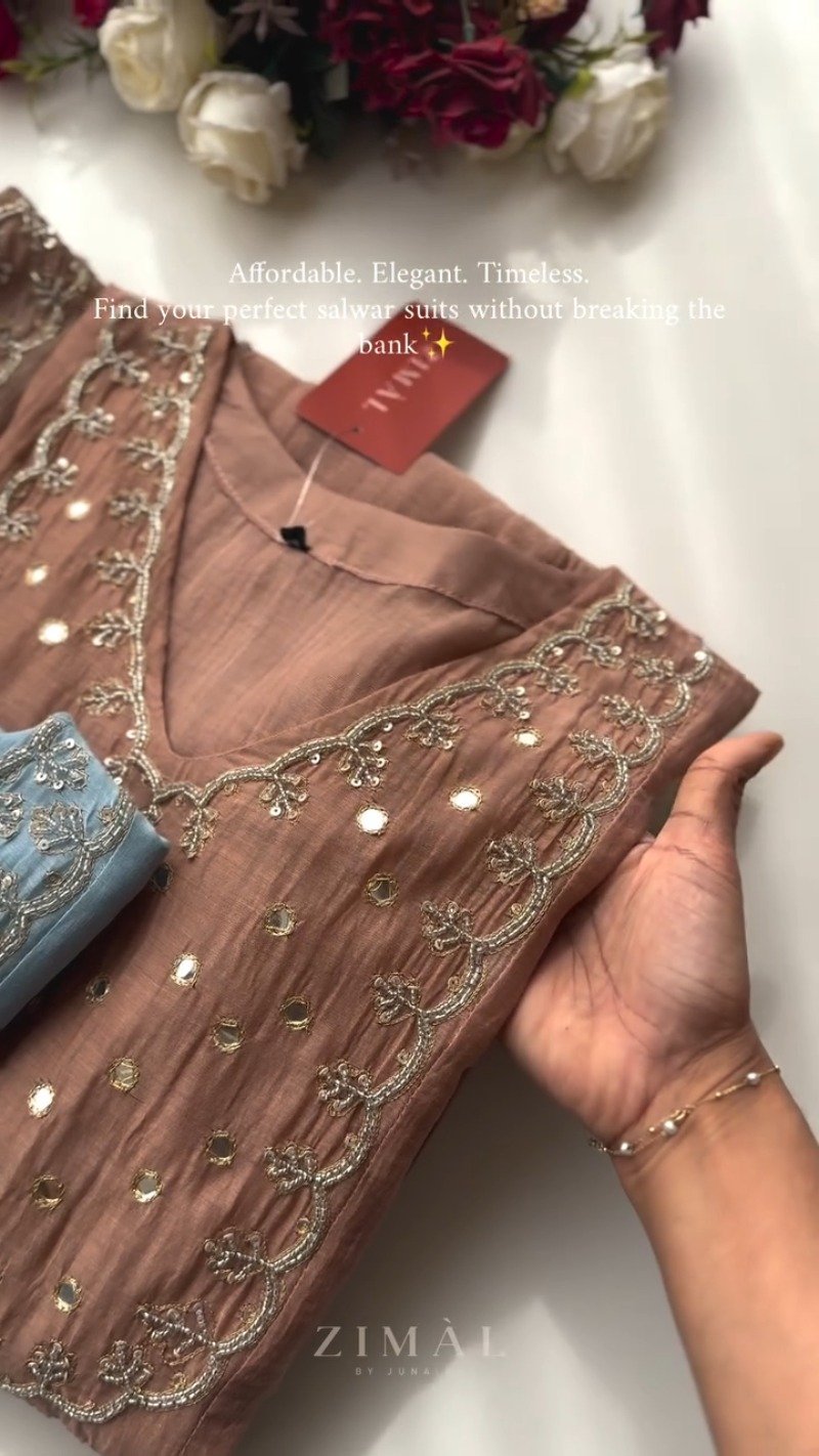 Ethereal Mirror-Work Embroidered Anarkali Kurta Set – Available in Dusty Rose & Powder Blue - Image 2