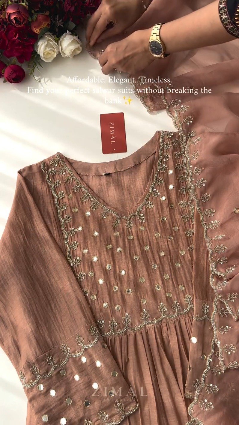 Ethereal Mirror-Work Embroidered Anarkali Kurta Set – Available in Dusty Rose & Powder Blue - Image 3