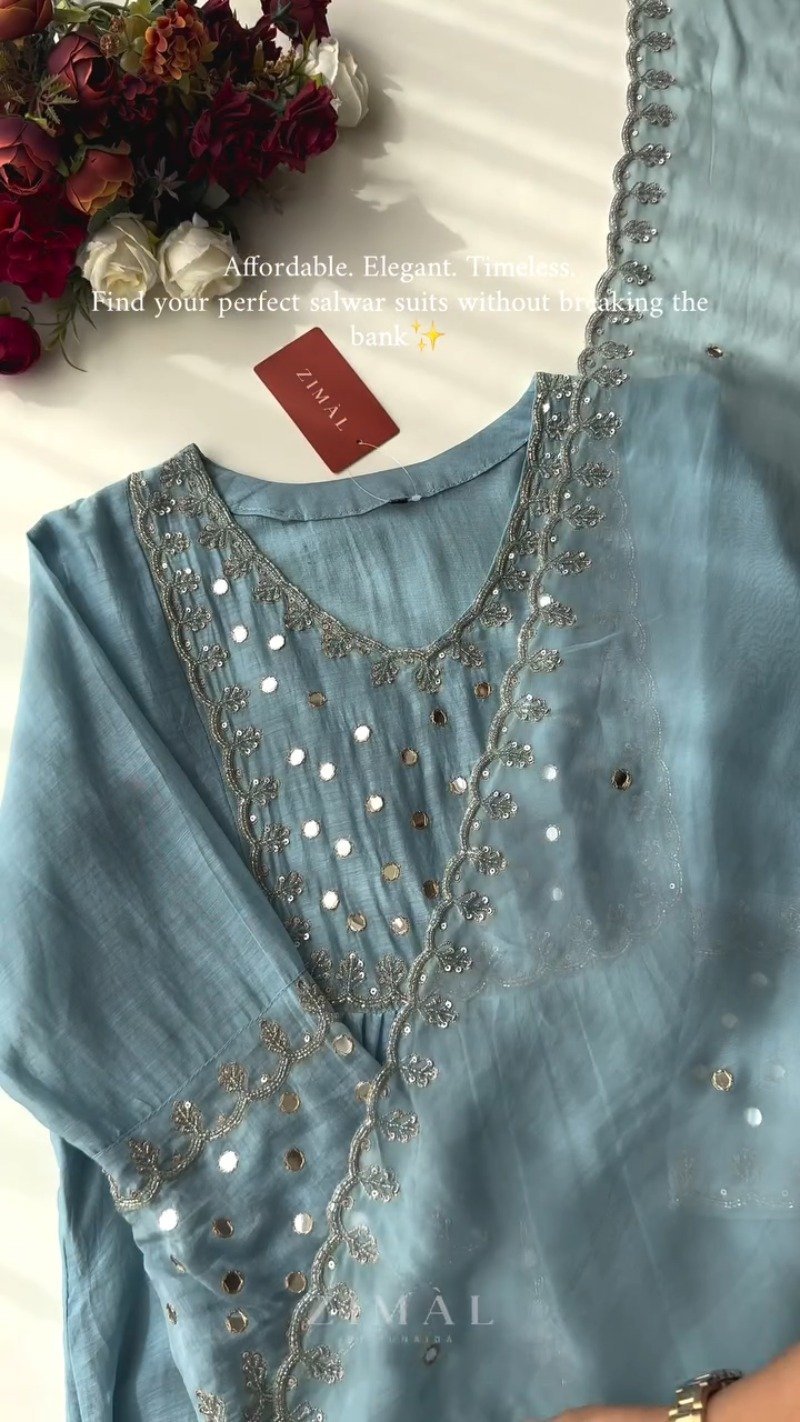 Ethereal Mirror-Work Embroidered Anarkali Kurta Set – Available in Dusty Rose & Powder Blue - Image 4
