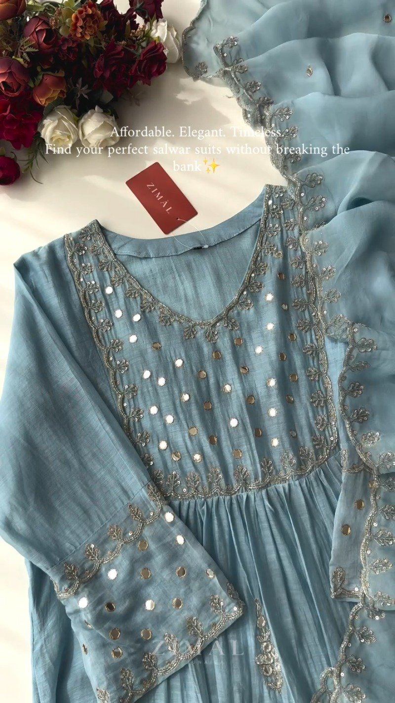 Ethereal Mirror-Work Embroidered Anarkali Kurta Set – Available in Dusty Rose & Powder Blue - Image 5