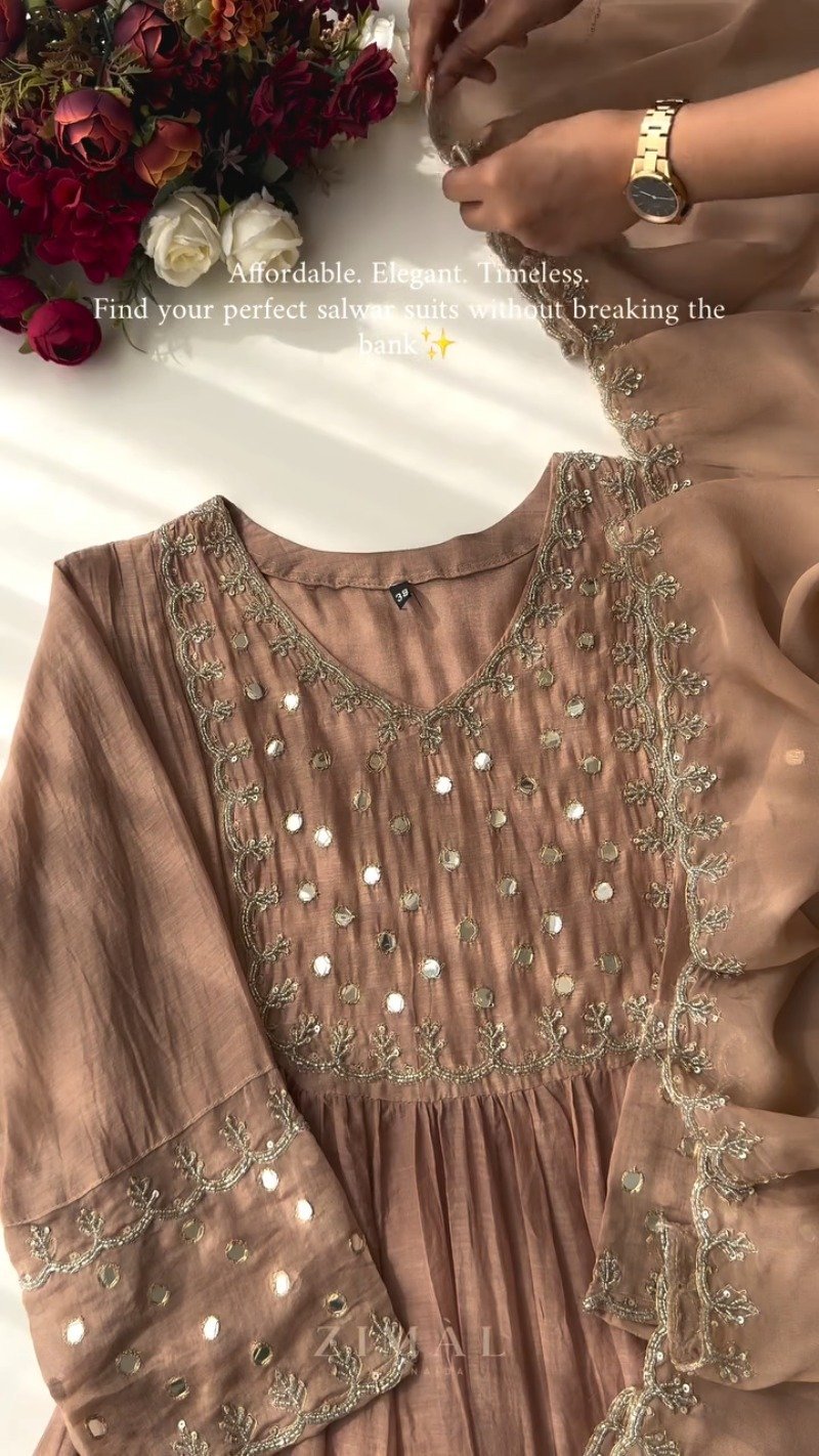 Ethereal Mirror-Work Embroidered Anarkali Kurta Set – Available in Dusty Rose & Powder Blue - Image 6