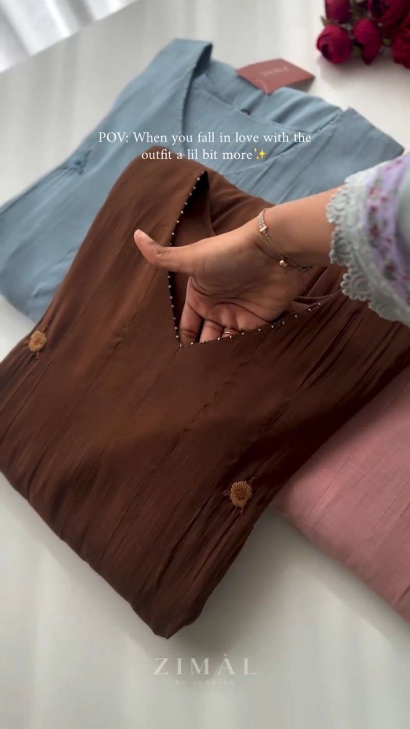 Ethereal Embroidered V-Neck Kurta Set – Available in Earthy Brown, Dusty Pink & Serene Blue