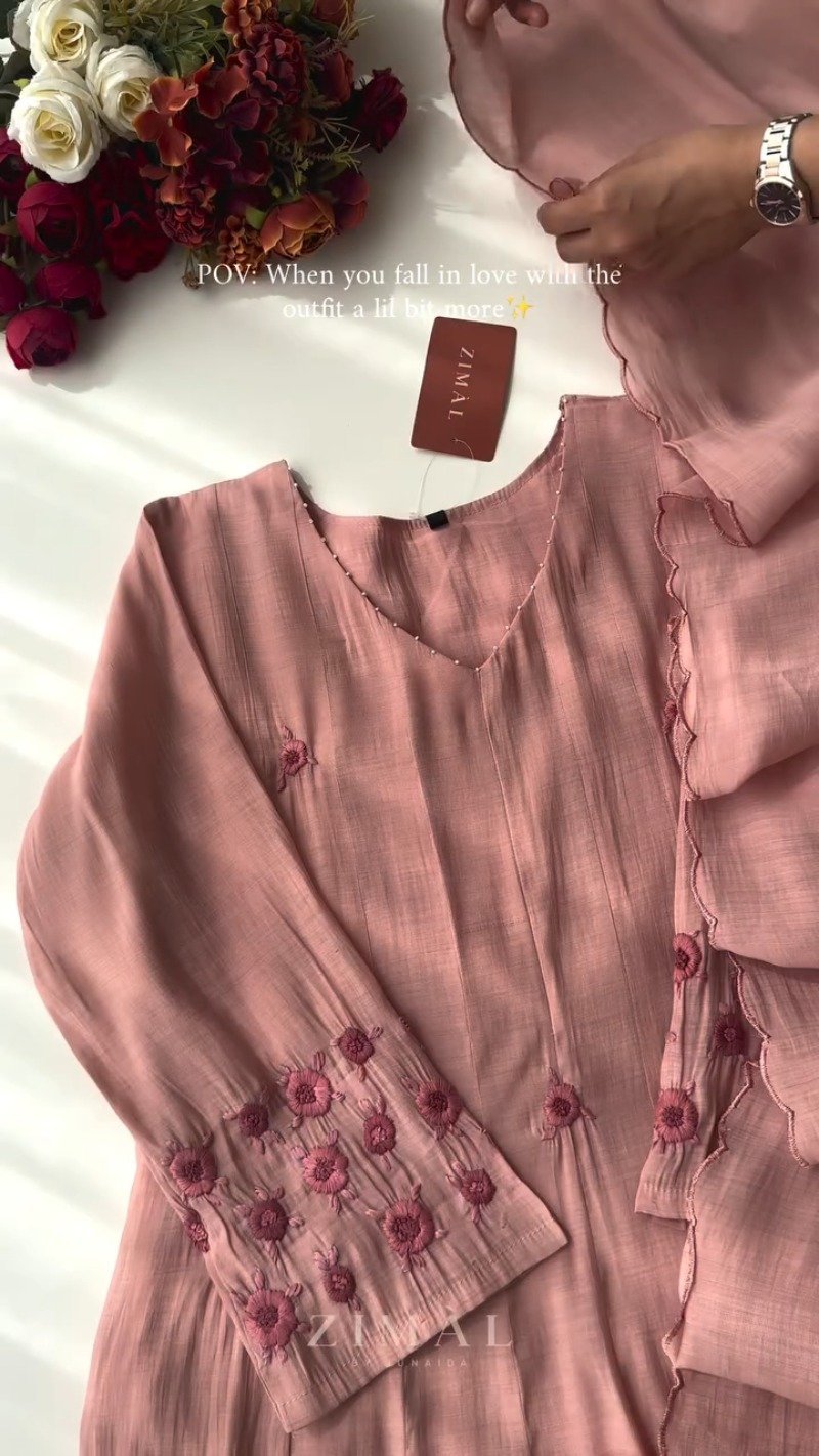 Ethereal Embroidered V-Neck Kurta Set – Available in Earthy Brown, Dusty Pink & Serene Blue - Image 3