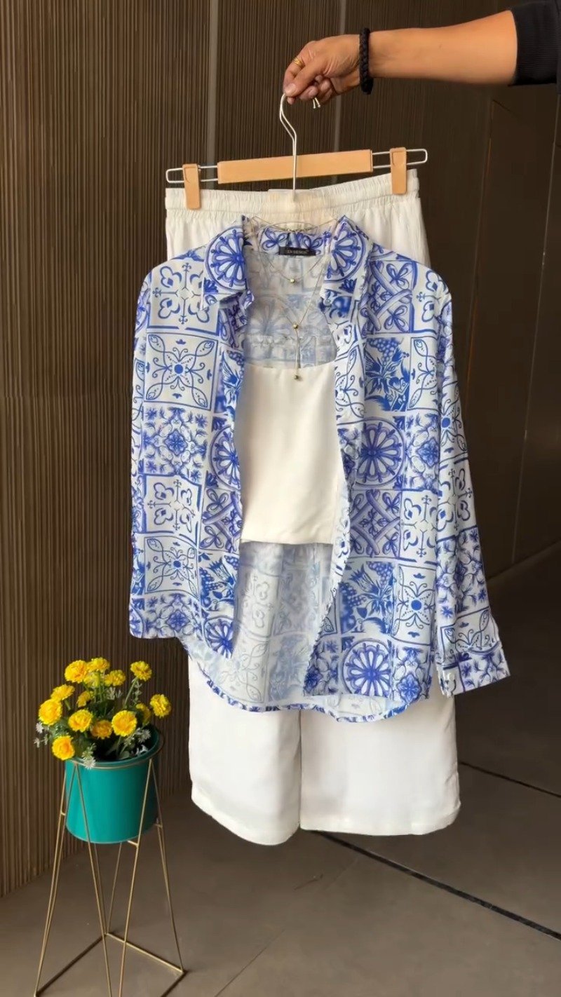Mediterranean Tile Print Pure Linen Co-Ord Set – Available in Vibrant Pink & Royal Blue - Image 3