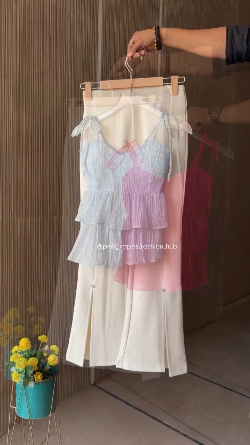 Chic Pleated Tiered Cami Top and Slit Trousers Co-ord Set – Available in Vibrant Pink, Pastel Blue, Sunny Yellow & Sage Green - Image 2