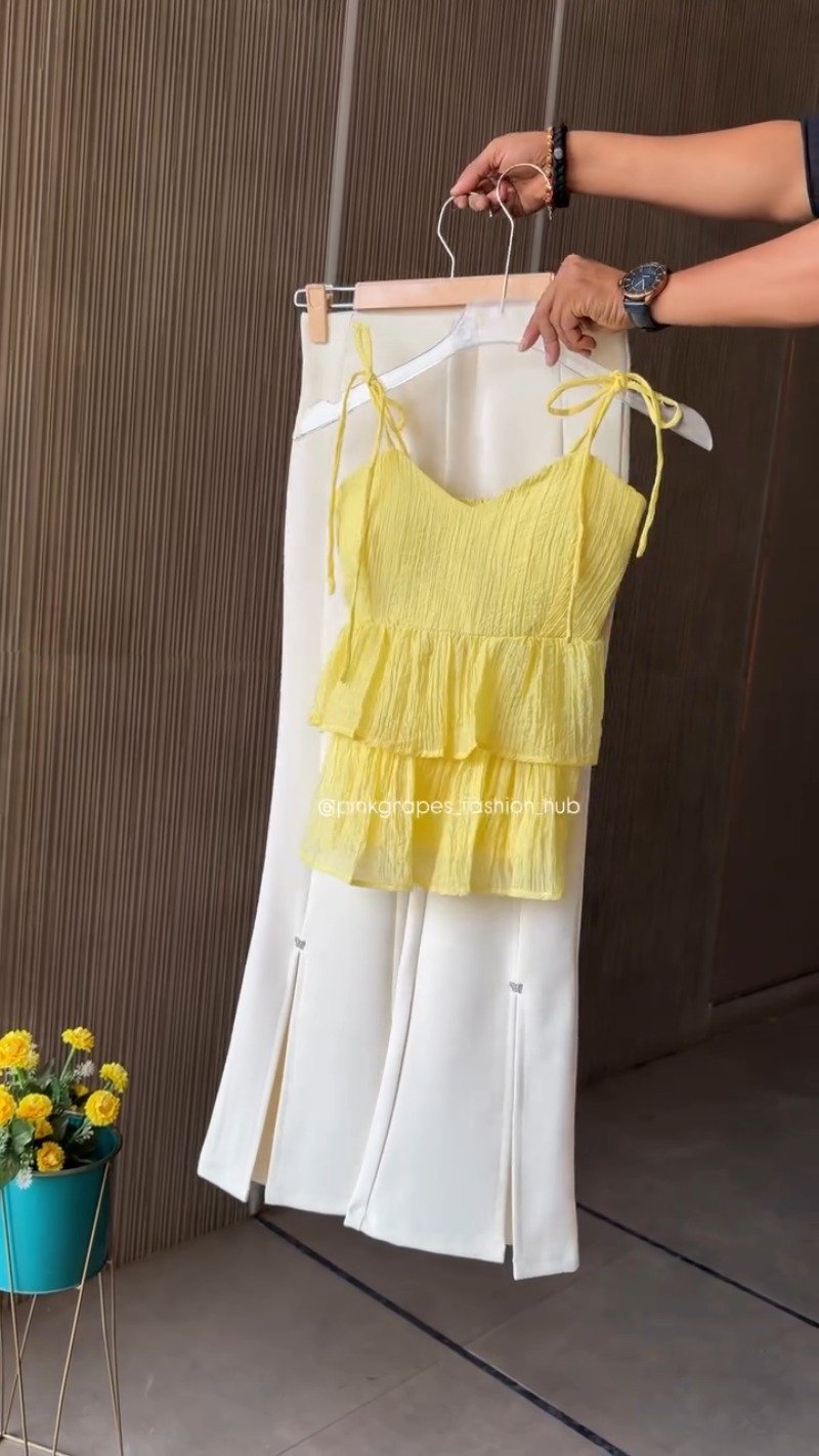 Chic Pleated Tiered Cami Top and Slit Trousers Co-ord Set – Available in Vibrant Pink, Pastel Blue, Sunny Yellow & Sage Green - Image 3